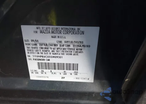 2005 Mazda Mazda6 I Sport z USA, uszkodzony, nr VIN 1YVHP84C055M09301